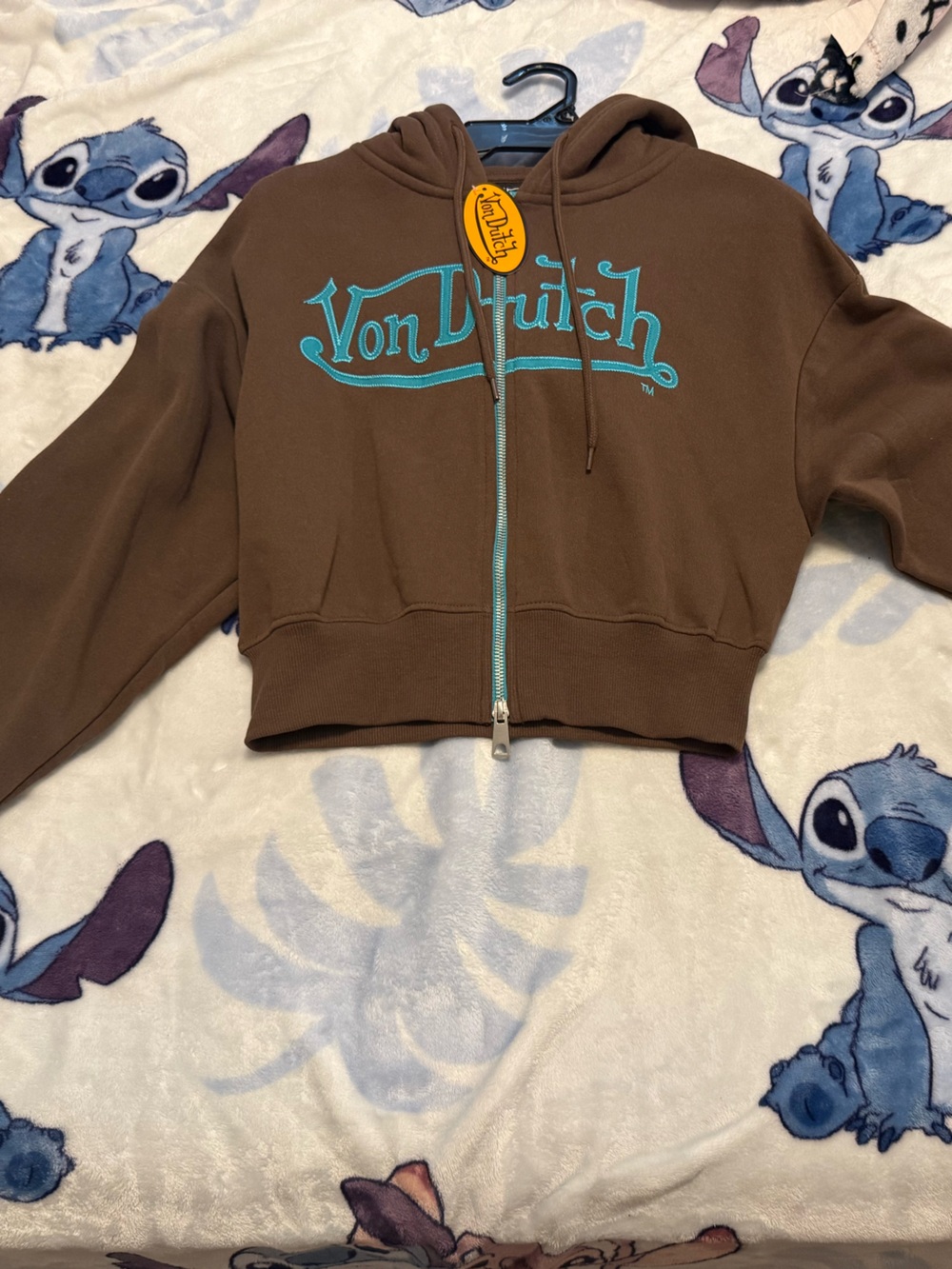 Von Dutch Brown Hoodie with Teal Logo and Zipper